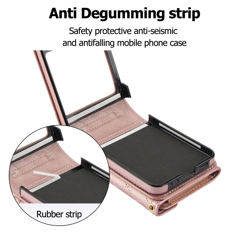 For Samsung Galaxy Z Flip5 Splicing Rhombic Texture Phone Case with Long & Short Lanyard, Not Included Pen(Rose Gold) - Galaxy Z Flip5 Cases by buy2fix | Online Shopping UK | buy2fix