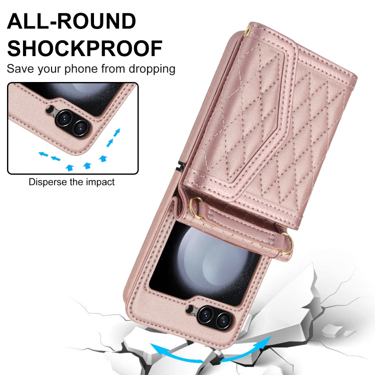 For Samsung Galaxy Z Flip5 Splicing Rhombic Texture Phone Case with Long & Short Lanyard, Not Included Pen(Rose Gold) - Galaxy Z Flip5 Cases by buy2fix | Online Shopping UK | buy2fix