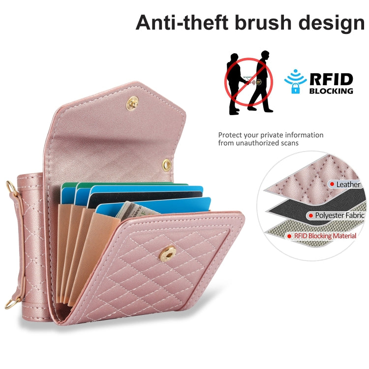 For Samsung Galaxy Z Flip5 Splicing Rhombic Texture Phone Case with Long & Short Lanyard, Not Included Pen(Rose Gold) - Galaxy Z Flip5 Cases by buy2fix | Online Shopping UK | buy2fix