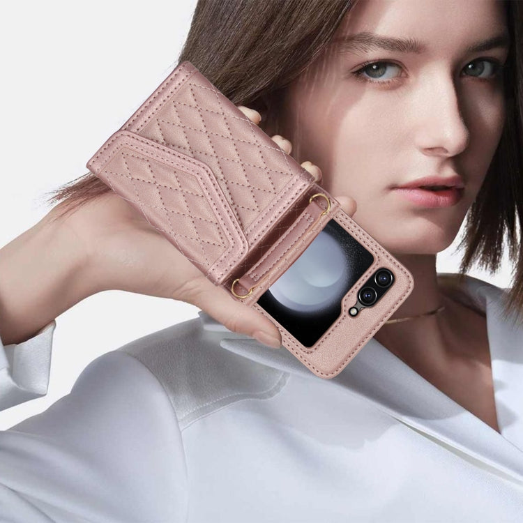 For Samsung Galaxy Z Flip5 Splicing Rhombic Texture Phone Case with Long & Short Lanyard, Not Included Pen(Rose Gold) - Galaxy Z Flip5 Cases by buy2fix | Online Shopping UK | buy2fix