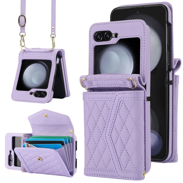 For Samsung Galaxy Z Flip5 Splicing Rhombic Texture Phone Case with Long & Short Lanyard, Not Included Pen(Purple) - Galaxy Z Flip5 Cases by buy2fix | Online Shopping UK | buy2fix
