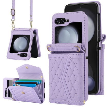 For Samsung Galaxy Z Flip5 Splicing Rhombic Texture Phone Case with Long & Short Lanyard, Not Included Pen(Purple) - Galaxy Z Flip5 Cases by buy2fix | Online Shopping UK | buy2fix