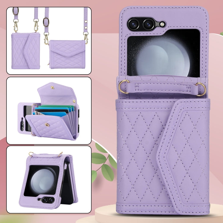 For Samsung Galaxy Z Flip5 Splicing Rhombic Texture Phone Case with Long & Short Lanyard, Not Included Pen(Purple) - Galaxy Z Flip5 Cases by buy2fix | Online Shopping UK | buy2fix