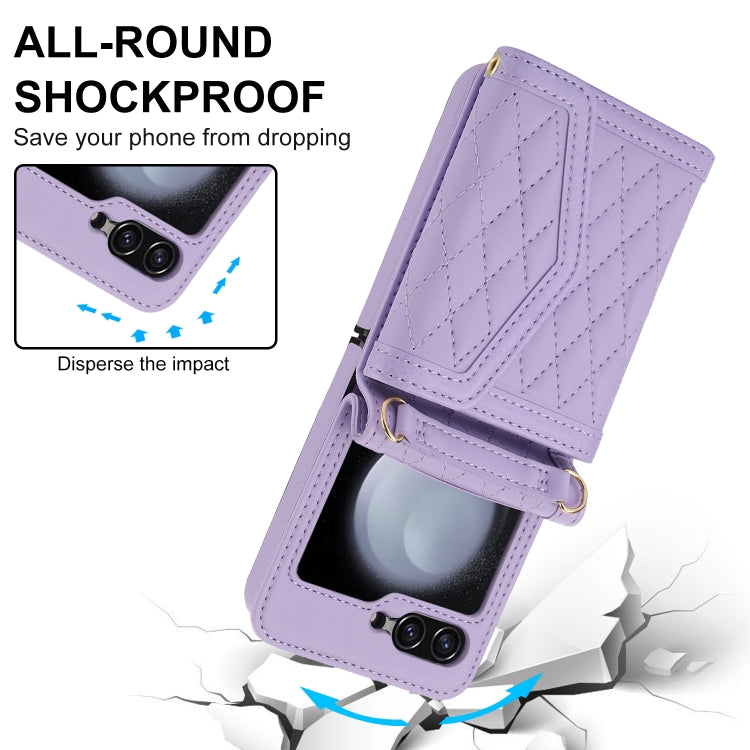 For Samsung Galaxy Z Flip5 Splicing Rhombic Texture Phone Case with Long & Short Lanyard, Not Included Pen(Purple) - Galaxy Z Flip5 Cases by buy2fix | Online Shopping UK | buy2fix