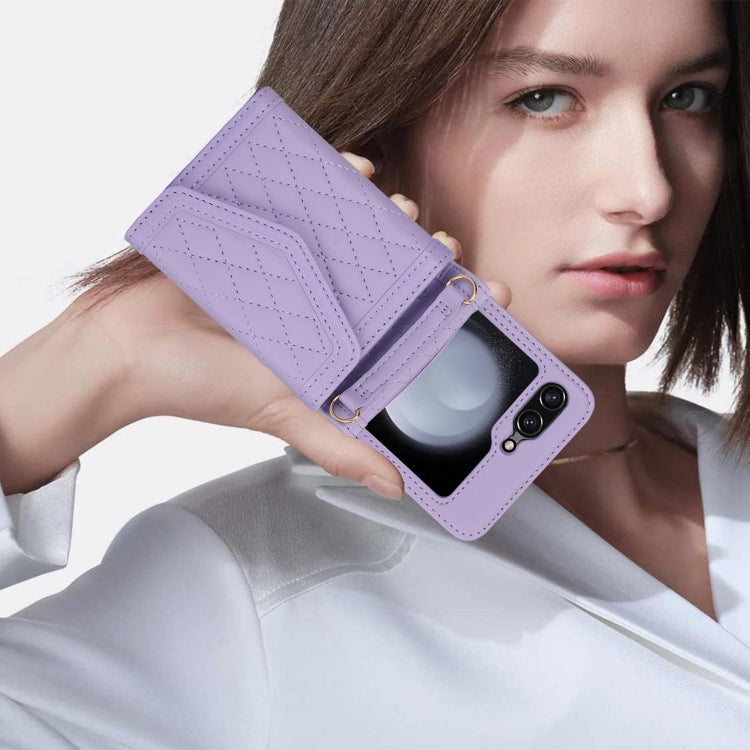 For Samsung Galaxy Z Flip5 Splicing Rhombic Texture Phone Case with Long & Short Lanyard, Not Included Pen(Purple) - Galaxy Z Flip5 Cases by buy2fix | Online Shopping UK | buy2fix
