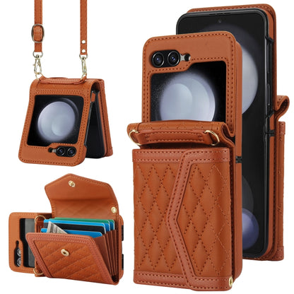 For Samsung Galaxy Z Flip5 Splicing Rhombic Texture Phone Case with Long & Short Lanyard, Not Included Pen(Brown) - Galaxy Z Flip5 Cases by buy2fix | Online Shopping UK | buy2fix