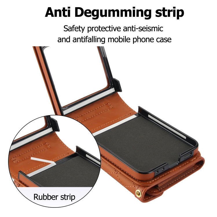 For Samsung Galaxy Z Flip5 Splicing Rhombic Texture Phone Case with Long & Short Lanyard, Not Included Pen(Brown) - Galaxy Z Flip5 Cases by buy2fix | Online Shopping UK | buy2fix