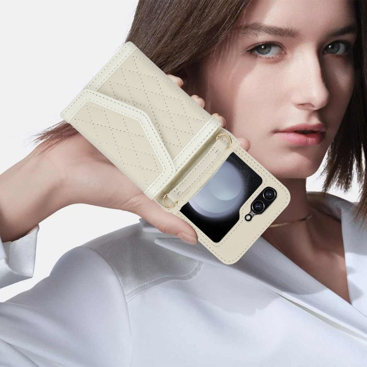 For Samsung Galaxy Z Flip6 / Flip7 FE Splicing Rhombic Texture Phone Case with Long & Short Lanyard, Not Included Pen(Beige) - Galaxy Z Flip6 5G Cases by buy2fix | Online Shopping UK | buy2fix