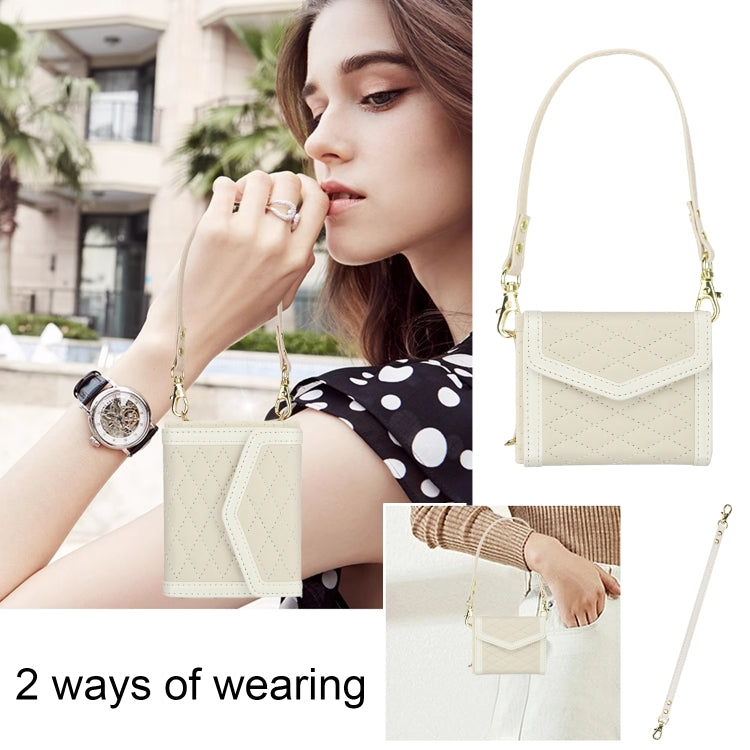 For Samsung Galaxy Z Flip6 / Flip7 FE Splicing Rhombic Texture Phone Case with Long & Short Lanyard, Not Included Pen(Beige) - Galaxy Z Flip6 5G Cases by buy2fix | Online Shopping UK | buy2fix