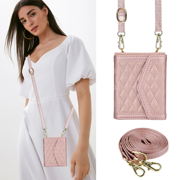 For Samsung Galaxy Z Flip6 / Flip7 FE Splicing Rhombic Texture Phone Case with Long & Short Lanyard, Not Included Pen(Rose Gold) - Galaxy Z Flip6 5G Cases by buy2fix | Online Shopping UK | buy2fix