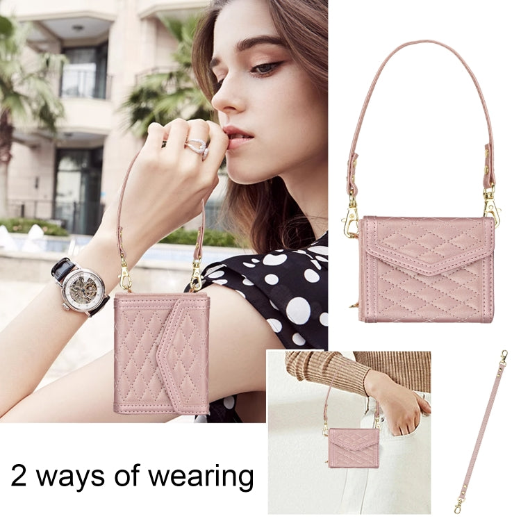 For Samsung Galaxy Z Flip6 / Flip7 FE Splicing Rhombic Texture Phone Case with Long & Short Lanyard, Not Included Pen(Rose Gold) - Galaxy Z Flip6 5G Cases by buy2fix | Online Shopping UK | buy2fix