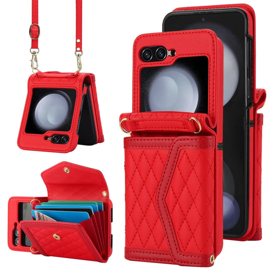 For Samsung Galaxy Z Flip6 / Flip7 FE Splicing Rhombic Texture Phone Case with Long & Short Lanyard, Not Included Pen(Red)