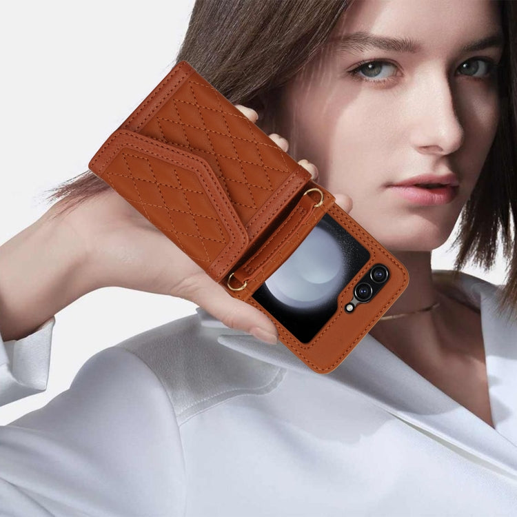 For Samsung Galaxy Z Flip6 / Flip7 FE Splicing Rhombic Texture Phone Case with Long & Short Lanyard, Not Included Pen(Brown) - Galaxy Z Flip6 5G Cases by buy2fix | Online Shopping UK | buy2fix
