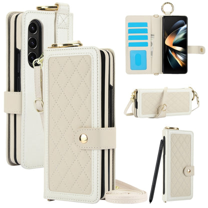 For Samsung Galaxy Z Fold4 Splicing Rhombic Texture Phone Case with Long & Short Lanyard, Not Included Pen(Beige) - Galaxy Z Fold4 5G Cases by buy2fix | Online Shopping UK | buy2fix