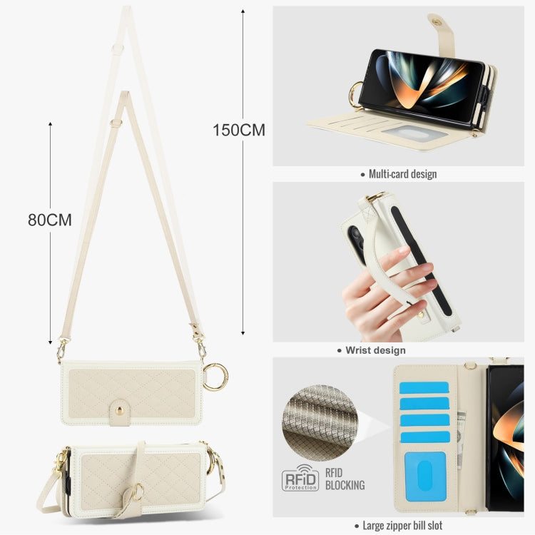 For Samsung Galaxy Z Fold4 Splicing Rhombic Texture Phone Case with Long & Short Lanyard, Not Included Pen(Beige) - Galaxy Z Fold4 5G Cases by buy2fix | Online Shopping UK | buy2fix