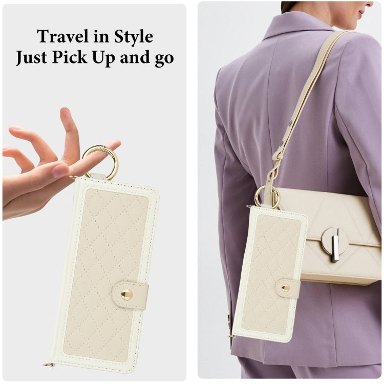 For Samsung Galaxy Z Fold4 Splicing Rhombic Texture Phone Case with Long & Short Lanyard, Not Included Pen(Beige) - Galaxy Z Fold4 5G Cases by buy2fix | Online Shopping UK | buy2fix