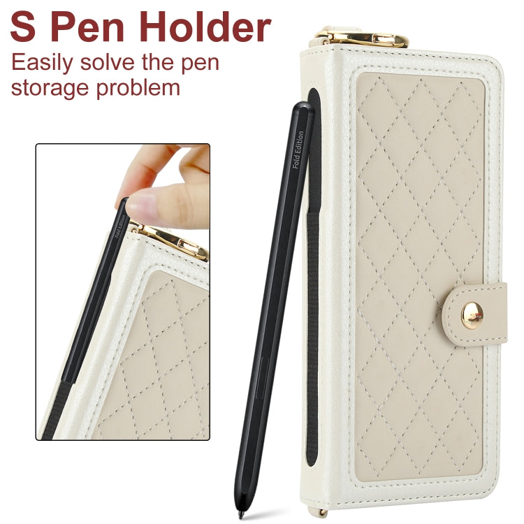 For Samsung Galaxy Z Fold4 Splicing Rhombic Texture Phone Case with Long & Short Lanyard, Not Included Pen(Beige) - Galaxy Z Fold4 5G Cases by buy2fix | Online Shopping UK | buy2fix
