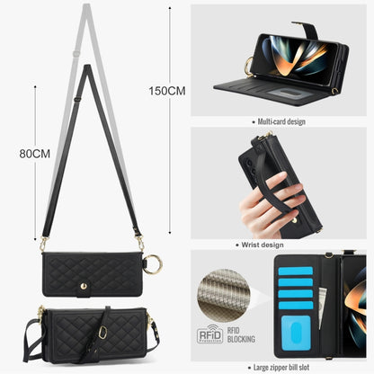For Samsung Galaxy Z Fold4 Splicing Rhombic Texture Phone Case with Long & Short Lanyard, Not Included Pen(Black) - Galaxy Z Fold4 5G Cases by buy2fix | Online Shopping UK | buy2fix