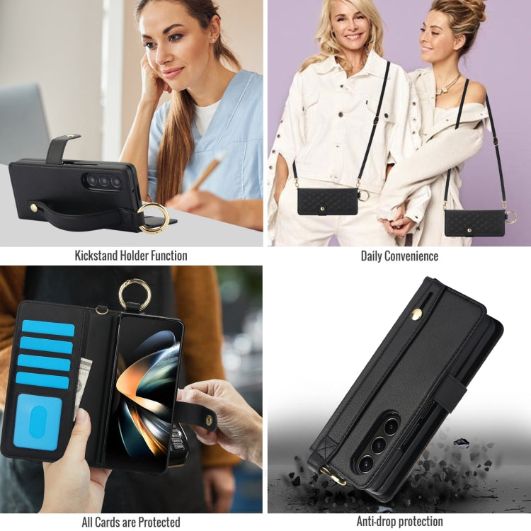 For Samsung Galaxy Z Fold4 Splicing Rhombic Texture Phone Case with Long & Short Lanyard, Not Included Pen(Black) - Galaxy Z Fold4 5G Cases by buy2fix | Online Shopping UK | buy2fix