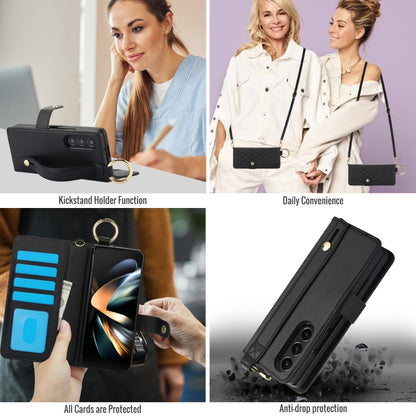 For Samsung Galaxy Z Fold4 Splicing Rhombic Texture Phone Case with Long & Short Lanyard, Not Included Pen(Black) - Galaxy Z Fold4 5G Cases by buy2fix | Online Shopping UK | buy2fix