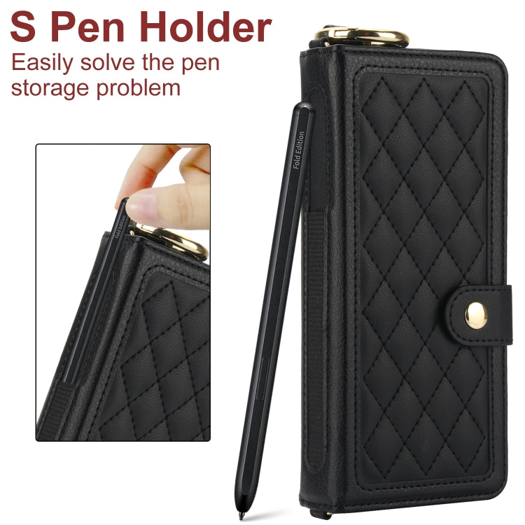 For Samsung Galaxy Z Fold4 Splicing Rhombic Texture Phone Case with Long & Short Lanyard, Not Included Pen(Black) - Galaxy Z Fold4 5G Cases by buy2fix | Online Shopping UK | buy2fix