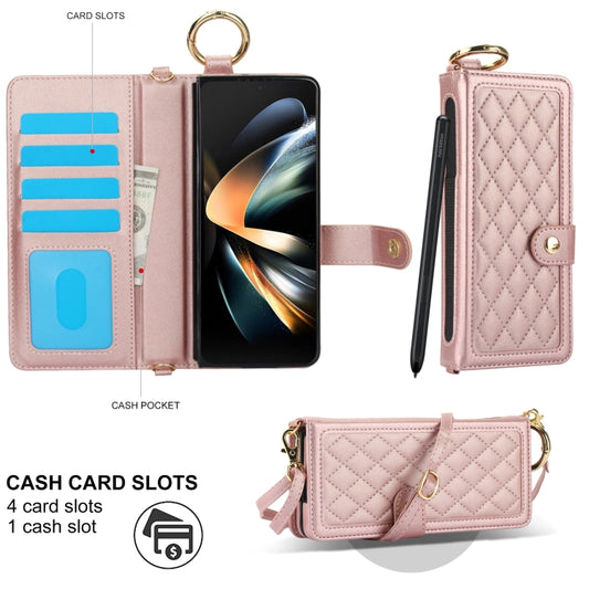 For Samsung Galaxy Z Fold4 Splicing Rhombic Texture Phone Case with Long & Short Lanyard, Not Included Pen(Rose Gold) - Galaxy Z Fold4 5G Cases by buy2fix | Online Shopping UK | buy2fix