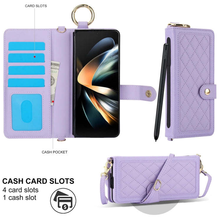 For Samsung Galaxy Z Fold4 Splicing Rhombic Texture Phone Case with Long & Short Lanyard, Not Included Pen(Purple) - Galaxy Z Fold4 5G Cases by buy2fix | Online Shopping UK | buy2fix