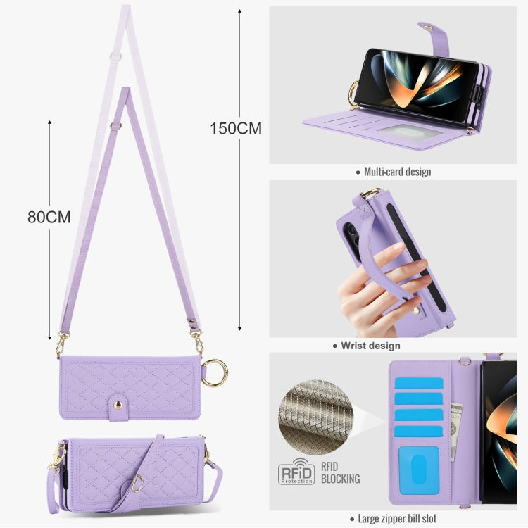 For Samsung Galaxy Z Fold4 Splicing Rhombic Texture Phone Case with Long & Short Lanyard, Not Included Pen(Purple) - Galaxy Z Fold4 5G Cases by buy2fix | Online Shopping UK | buy2fix
