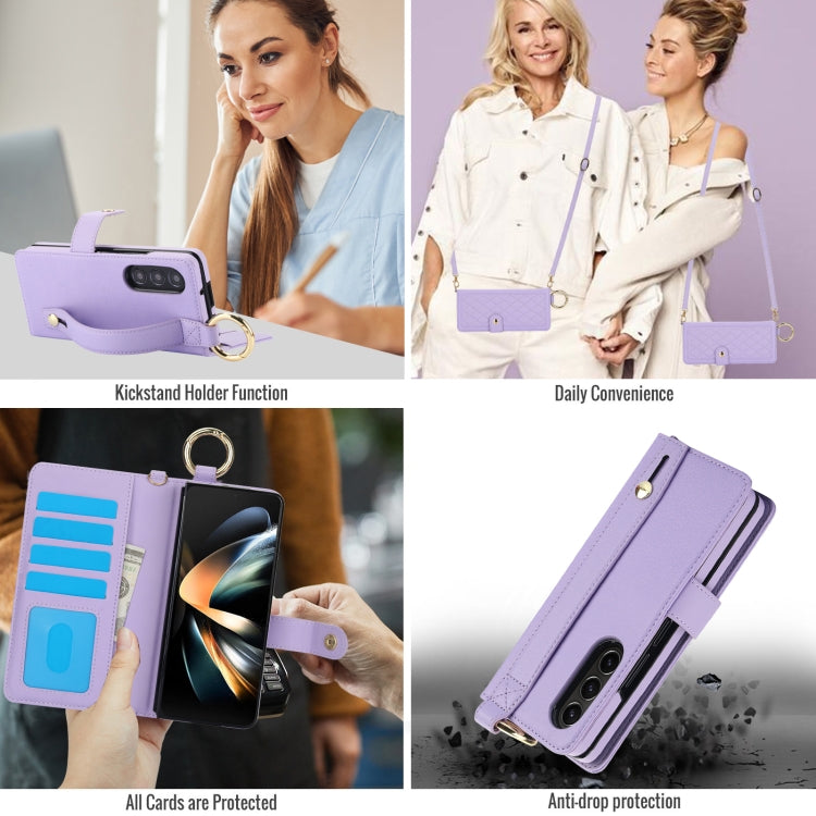 For Samsung Galaxy Z Fold4 Splicing Rhombic Texture Phone Case with Long & Short Lanyard, Not Included Pen(Purple) - Galaxy Z Fold4 5G Cases by buy2fix | Online Shopping UK | buy2fix
