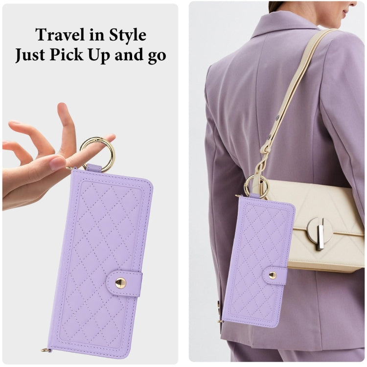 For Samsung Galaxy Z Fold4 Splicing Rhombic Texture Phone Case with Long & Short Lanyard, Not Included Pen(Purple) - Galaxy Z Fold4 5G Cases by buy2fix | Online Shopping UK | buy2fix