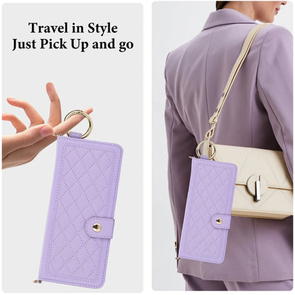 For Samsung Galaxy Z Fold4 Splicing Rhombic Texture Phone Case with Long & Short Lanyard, Not Included Pen(Purple) - Galaxy Z Fold4 5G Cases by buy2fix | Online Shopping UK | buy2fix