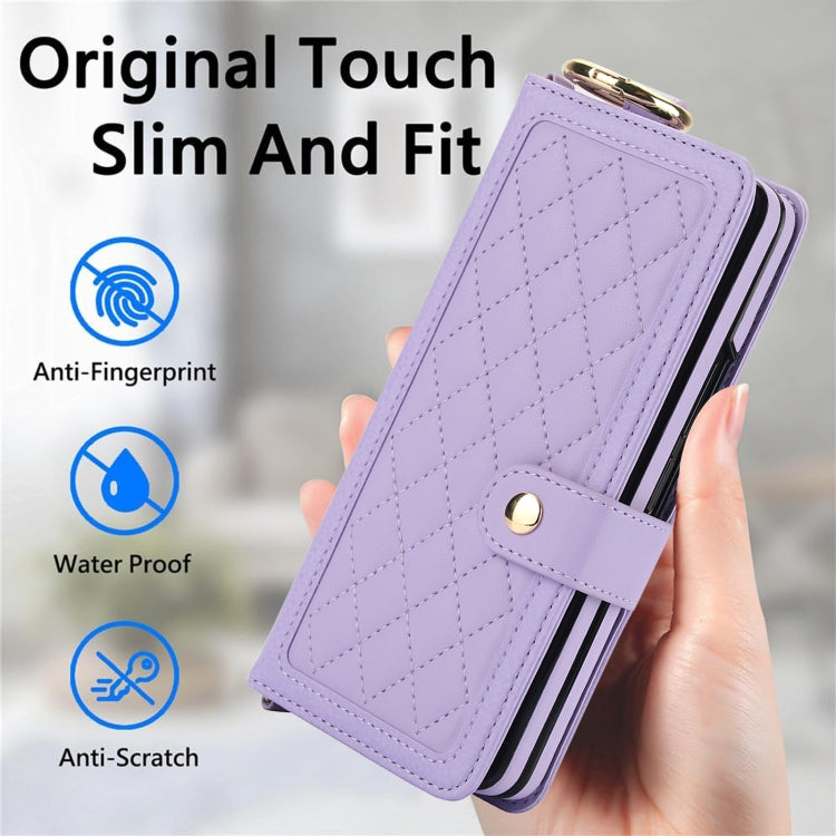 For Samsung Galaxy Z Fold4 Splicing Rhombic Texture Phone Case with Long & Short Lanyard, Not Included Pen(Purple) - Galaxy Z Fold4 5G Cases by buy2fix | Online Shopping UK | buy2fix