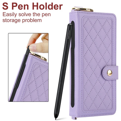 For Samsung Galaxy Z Fold4 Splicing Rhombic Texture Phone Case with Long & Short Lanyard, Not Included Pen(Purple) - Galaxy Z Fold4 5G Cases by buy2fix | Online Shopping UK | buy2fix