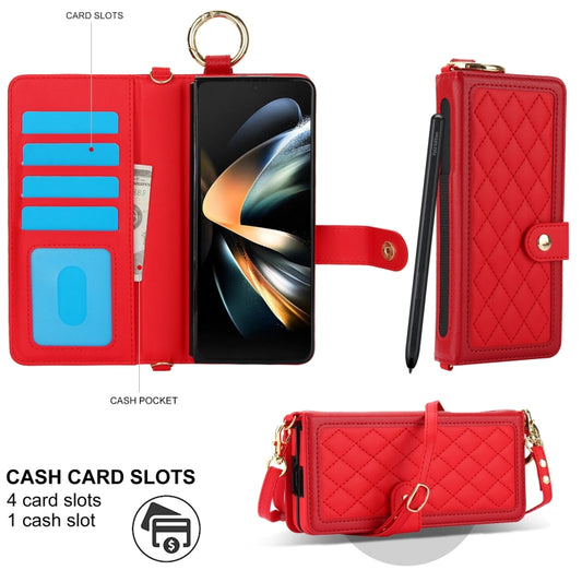 For Samsung Galaxy Z Fold4 Splicing Rhombic Texture Phone Case with Long & Short Lanyard, Not Included Pen(Red) - Galaxy Z Fold4 5G Cases by buy2fix | Online Shopping UK | buy2fix
