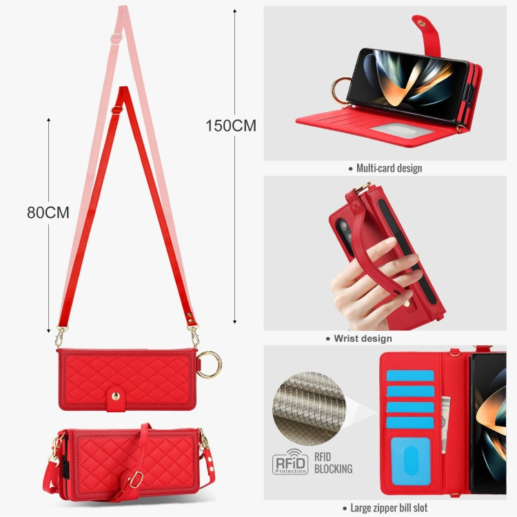 For Samsung Galaxy Z Fold4 Splicing Rhombic Texture Phone Case with Long & Short Lanyard, Not Included Pen(Red) - Galaxy Z Fold4 5G Cases by buy2fix | Online Shopping UK | buy2fix