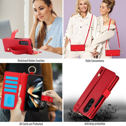 For Samsung Galaxy Z Fold4 Splicing Rhombic Texture Phone Case with Long & Short Lanyard, Not Included Pen(Red) - Galaxy Z Fold4 5G Cases by buy2fix | Online Shopping UK | buy2fix
