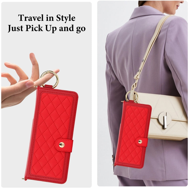 For Samsung Galaxy Z Fold4 Splicing Rhombic Texture Phone Case with Long & Short Lanyard, Not Included Pen(Red) - Galaxy Z Fold4 5G Cases by buy2fix | Online Shopping UK | buy2fix