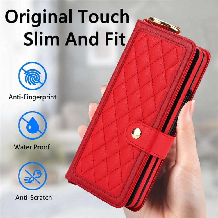 For Samsung Galaxy Z Fold4 Splicing Rhombic Texture Phone Case with Long & Short Lanyard, Not Included Pen(Red) - Galaxy Z Fold4 5G Cases by buy2fix | Online Shopping UK | buy2fix