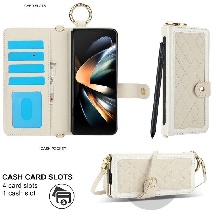 For Samsung Galaxy Z Fold3 Splicing Rhombic Texture Phone Case with Long & Short Lanyard, Not Included Pen(Beige) - Galaxy Phone Cases by buy2fix | Online Shopping UK | buy2fix