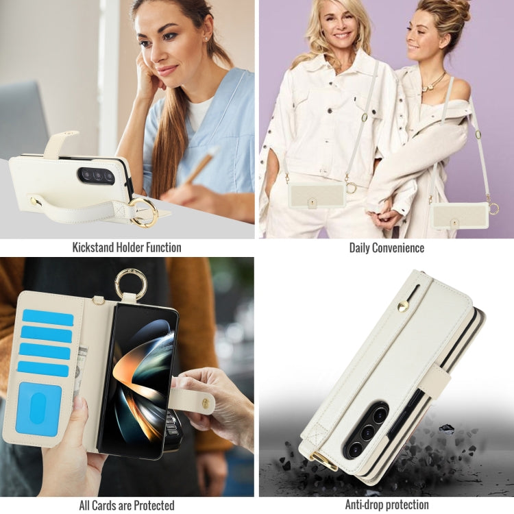 For Samsung Galaxy Z Fold3 Splicing Rhombic Texture Phone Case with Long & Short Lanyard, Not Included Pen(Beige) - Galaxy Phone Cases by buy2fix | Online Shopping UK | buy2fix