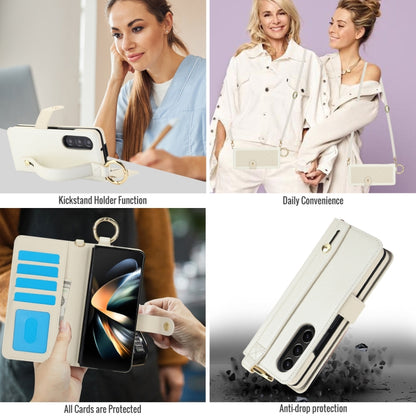 For Samsung Galaxy Z Fold3 Splicing Rhombic Texture Phone Case with Long & Short Lanyard, Not Included Pen(Beige) - Galaxy Phone Cases by buy2fix | Online Shopping UK | buy2fix