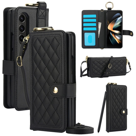 For Samsung Galaxy Z Fold3 Splicing Rhombic Texture Phone Case with Long & Short Lanyard, Not Included Pen(Black) - Galaxy Phone Cases by buy2fix | Online Shopping UK | buy2fix