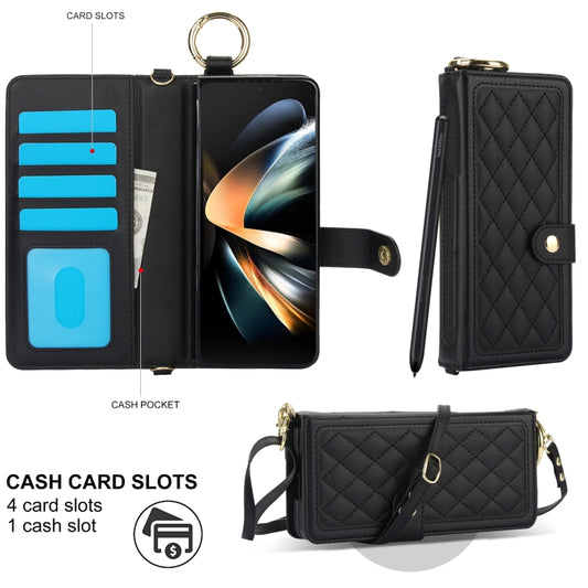 For Samsung Galaxy Z Fold3 Splicing Rhombic Texture Phone Case with Long & Short Lanyard, Not Included Pen(Black) - Galaxy Phone Cases by buy2fix | Online Shopping UK | buy2fix