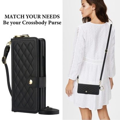 For Samsung Galaxy Z Fold3 Splicing Rhombic Texture Phone Case with Long & Short Lanyard, Not Included Pen(Black) - Galaxy Phone Cases by buy2fix | Online Shopping UK | buy2fix