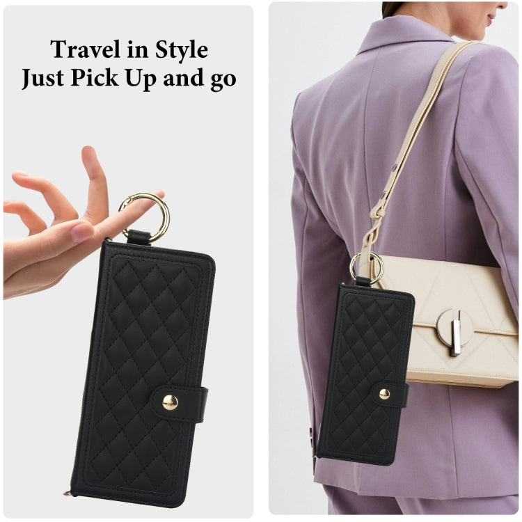 For Samsung Galaxy Z Fold3 Splicing Rhombic Texture Phone Case with Long & Short Lanyard, Not Included Pen(Black) - Galaxy Phone Cases by buy2fix | Online Shopping UK | buy2fix