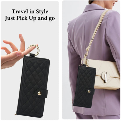 For Samsung Galaxy Z Fold3 Splicing Rhombic Texture Phone Case with Long & Short Lanyard, Not Included Pen(Black) - Galaxy Phone Cases by buy2fix | Online Shopping UK | buy2fix