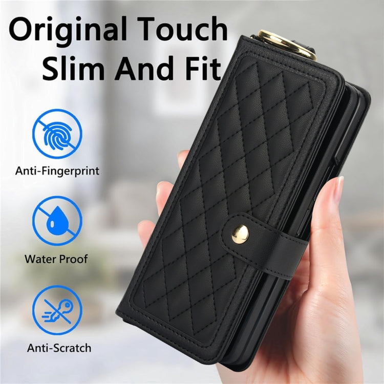 For Samsung Galaxy Z Fold3 Splicing Rhombic Texture Phone Case with Long & Short Lanyard, Not Included Pen(Black) - Galaxy Phone Cases by buy2fix | Online Shopping UK | buy2fix