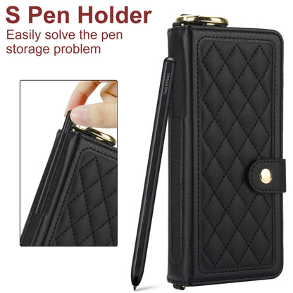 For Samsung Galaxy Z Fold3 Splicing Rhombic Texture Phone Case with Long & Short Lanyard, Not Included Pen(Black) - Galaxy Phone Cases by buy2fix | Online Shopping UK | buy2fix