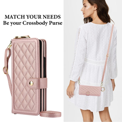 For Samsung Galaxy Z Fold3 Splicing Rhombic Texture Phone Case with Long & Short Lanyard, Not Included Pen(Rose Gold) - Galaxy Phone Cases by buy2fix | Online Shopping UK | buy2fix