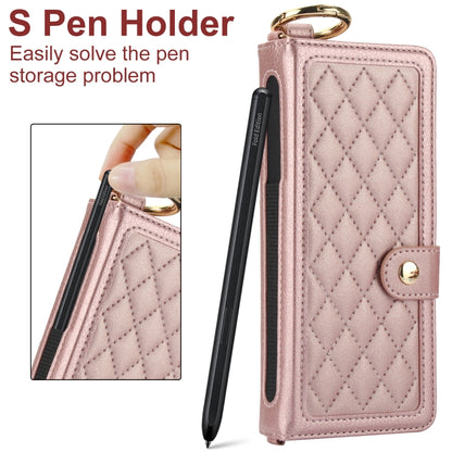 For Samsung Galaxy Z Fold3 Splicing Rhombic Texture Phone Case with Long & Short Lanyard, Not Included Pen(Rose Gold) - Galaxy Phone Cases by buy2fix | Online Shopping UK | buy2fix